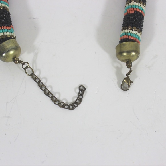 Vintage African Style Thick Beaded Necklace Black Pink Brass Gold - Picture 5 of 8